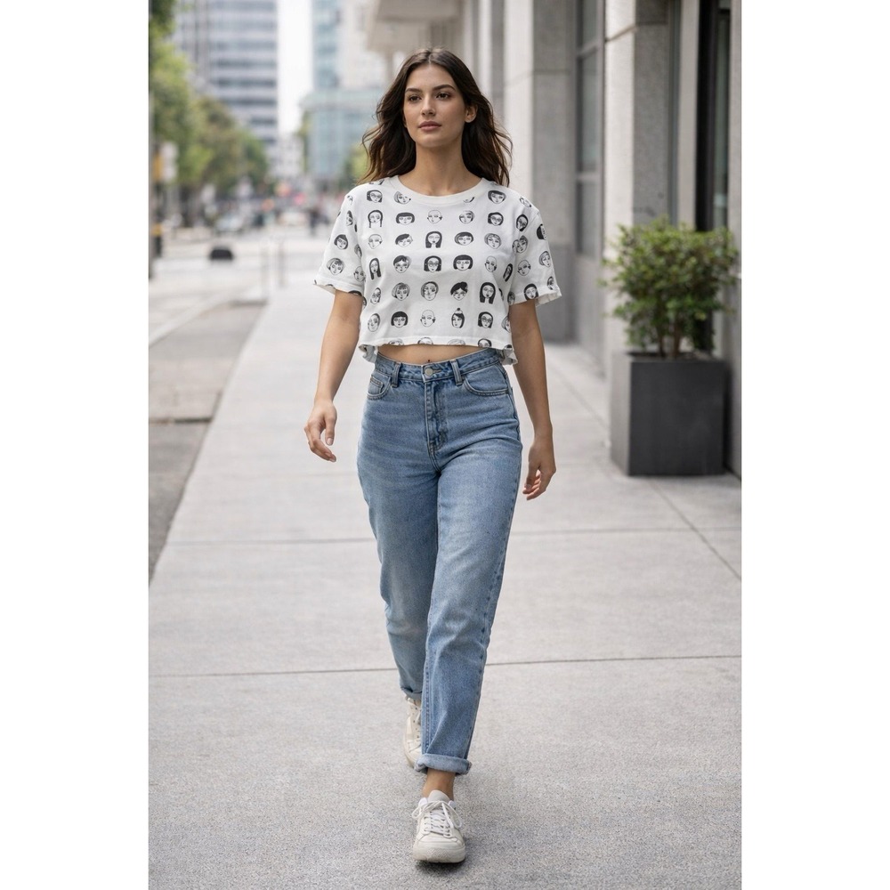 French Pastry‎ Faces Tee Womens L Graphic Art Minimalist Indie Crop Shirt AOP
